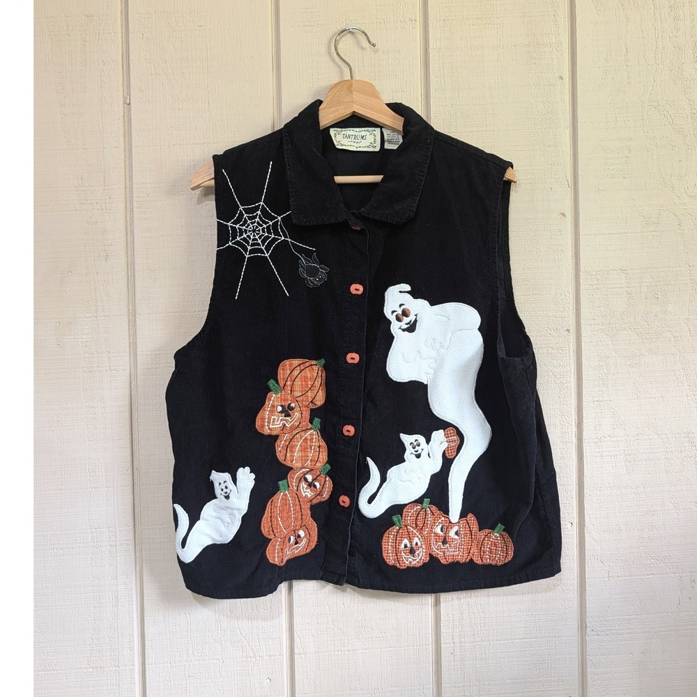Vintage Halloween Corduroy Vest XXL Black Ghosts Pumpkins Spider Web